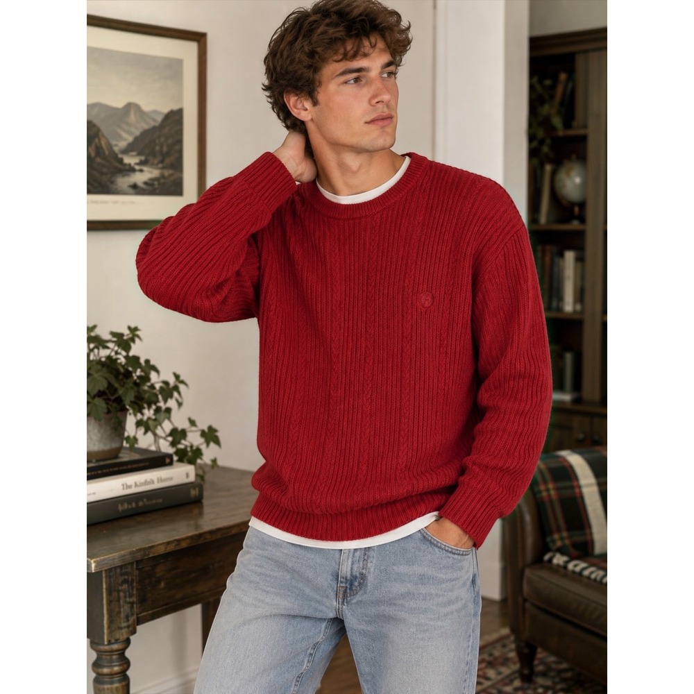 Chaps Men's Ribbed Cotton Crewneck Sweater Red XL Classic Preppy Knit